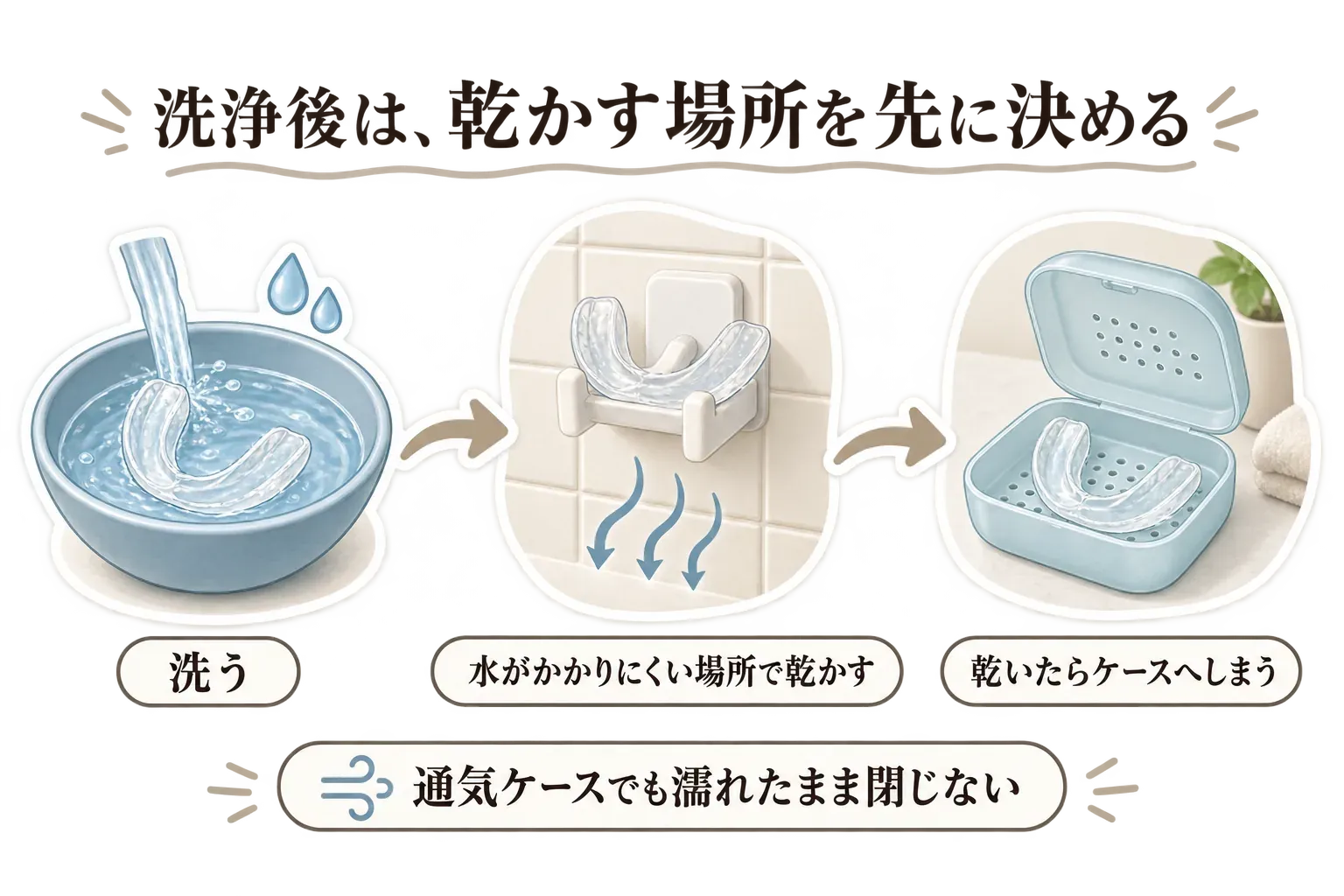 マウスピースを洗い、水がかかりにくい場所で乾かしてからケースにしまう流れを示す図。通気ケースでも濡れたまま閉じないことを案内している。出典：日本歯科医師会「スポーツと歯科」。
