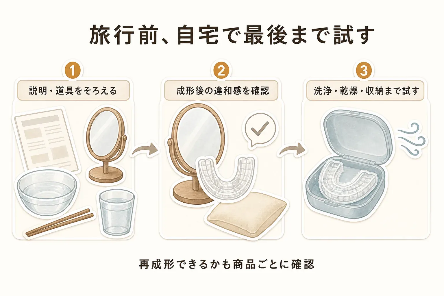 旅行前に自宅でマウスピースを最後まで試す流れを示す図。説明書と耐熱容器・取り出し用具・鏡・冷水などをそろえる、成形後の違和感を確認する、洗浄・乾燥・ケースへの収納まで試すという3段階と、再成形できるかも商品ごとに確認することを示している。