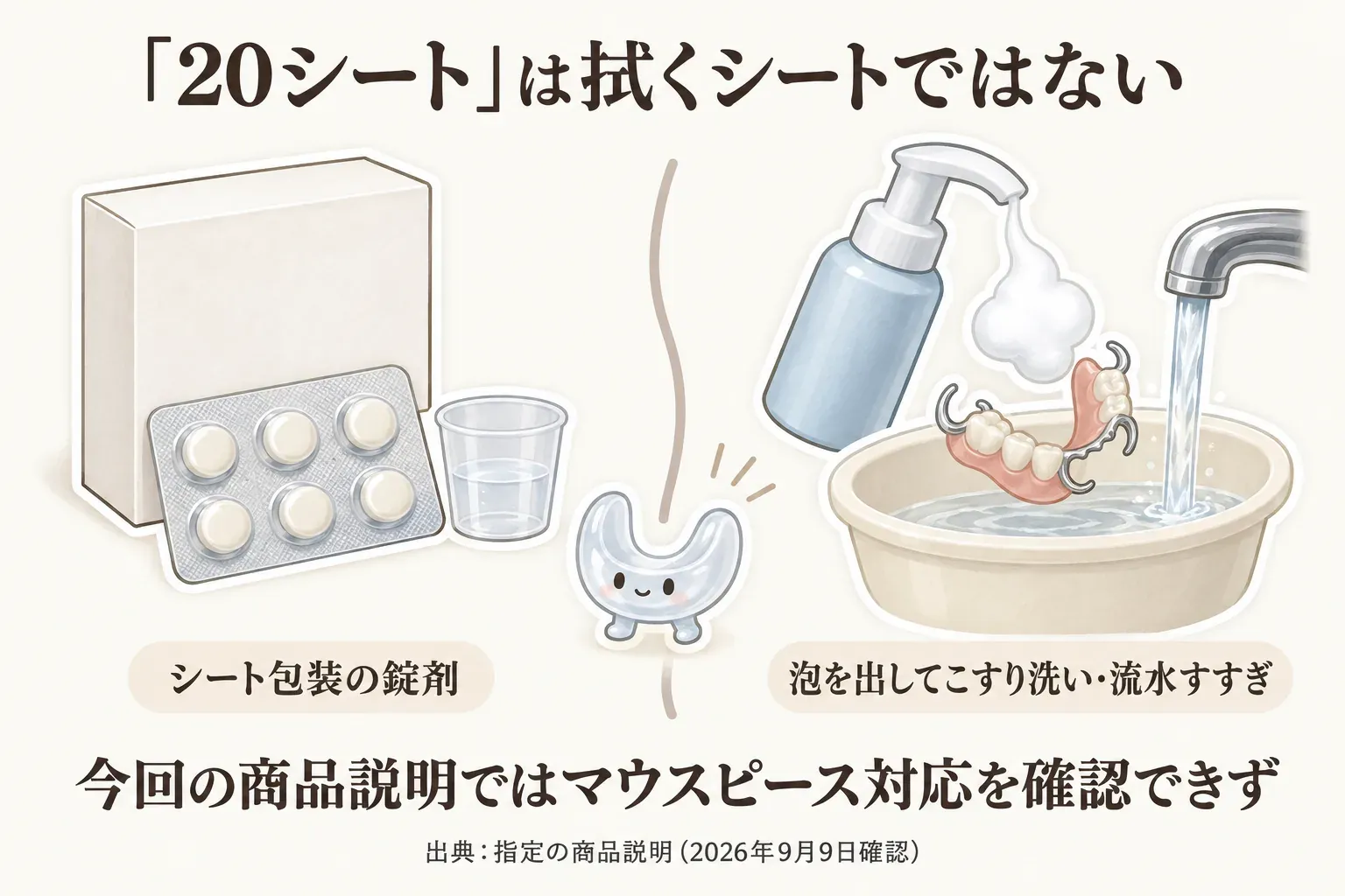 「20シート」は拭くシートではないことを示す図。左にシート包装の錠剤と容器、右に泡を出して入れ歯をこすり洗いし流水ですすぐポンプ式フォームを描き、今回の商品説明ではマウスピース対応を確認できないと案内する。出典：指定の商品説明（2026年9月9日確認）。
