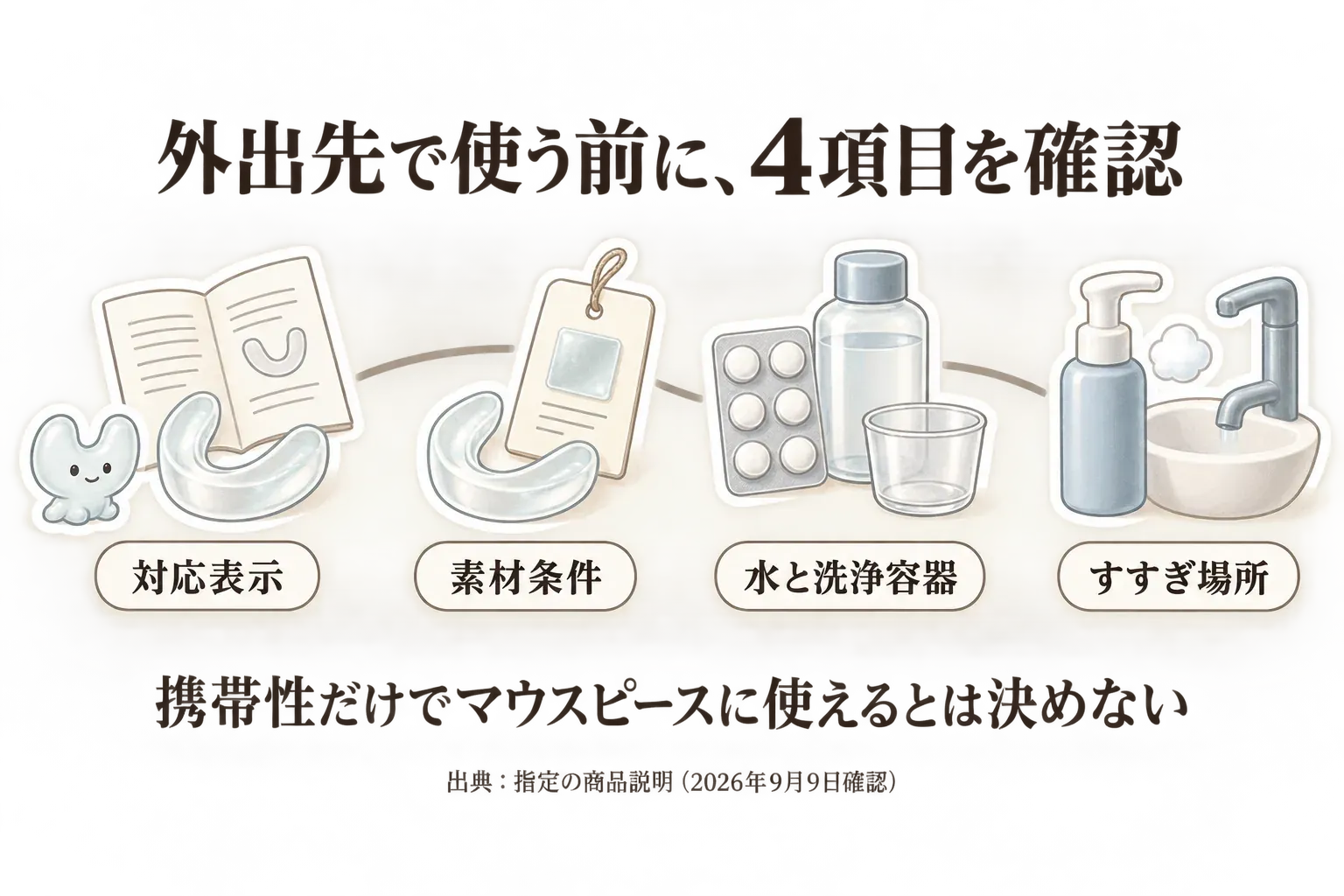 外出先で洗浄剤を使う前の4つの確認事項を示す図。マウスピースへの対応表示、素材条件、水と洗浄容器、すすぎ場所を順に描き、携帯性だけではマウスピースに使えるか決まらないと案内する。出典：指定の商品説明（2026年9月9日確認）。