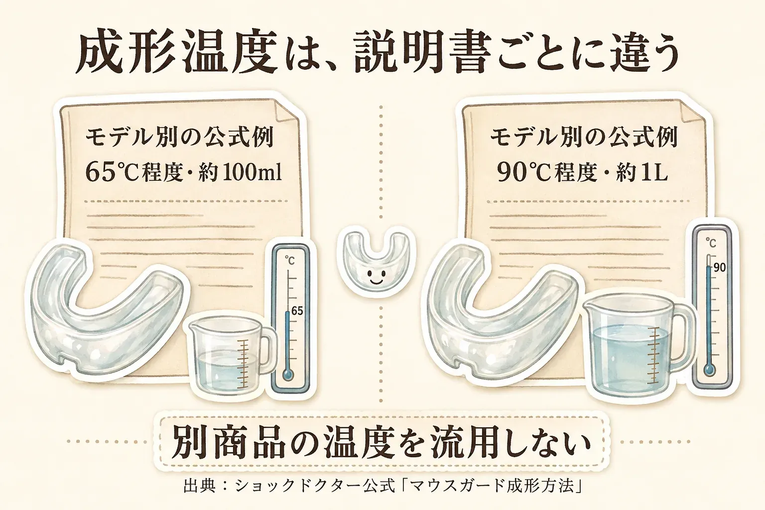 マウスガードのモデル別公式例として、65℃程度・約100mlの場合と90℃程度・約1Lの場合を並べた図。成形温度と湯量は説明書ごとに違うため、別商品の温度を流用しないよう示している。出典：ショックドクター公式「マウスガード成形方法」。