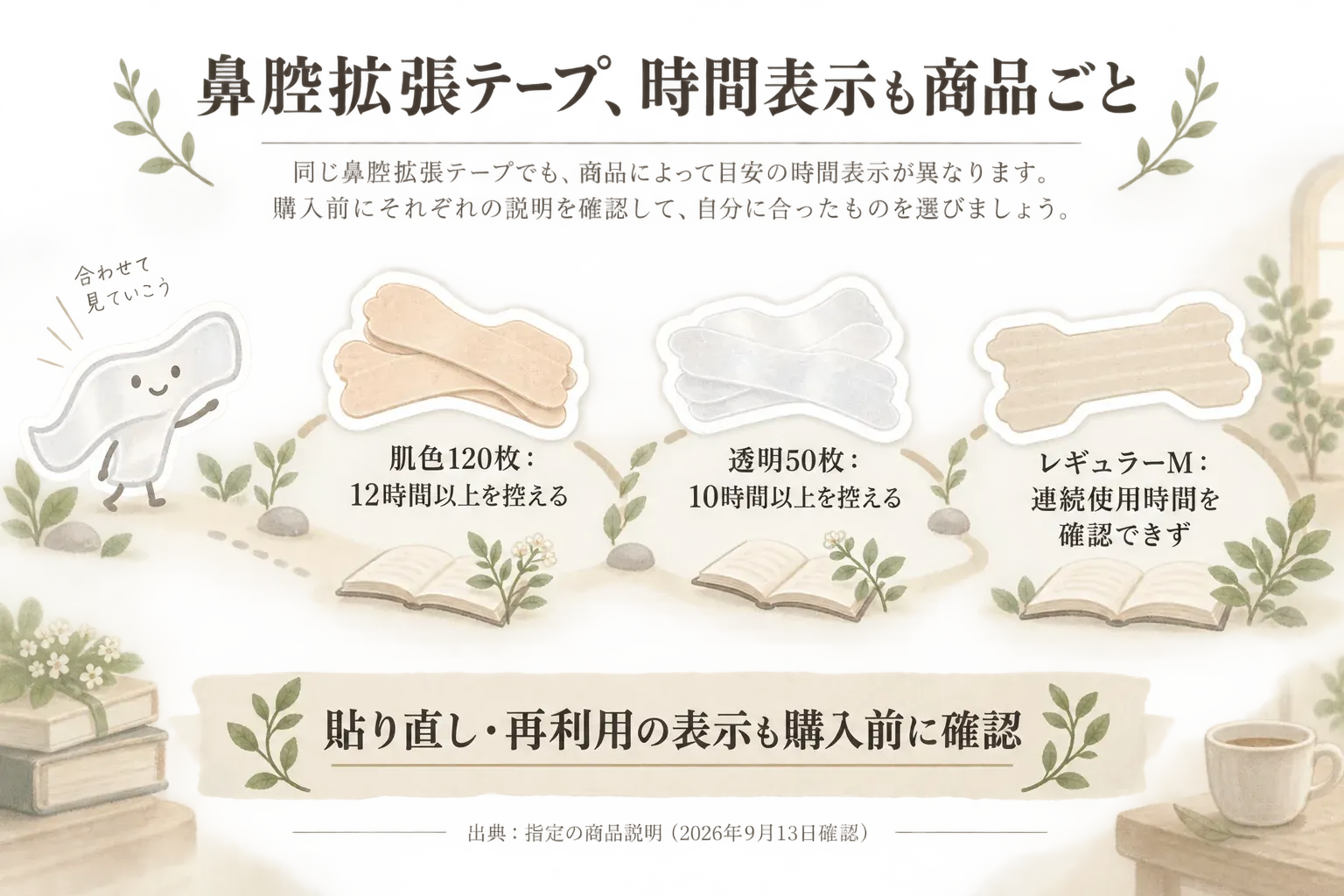 鼻腔拡張テープの時間表示を商品ごとに比べた図。肌色120枚は12時間以上を控える、透明50枚は10時間以上を控える、レギュラー（M）は連続使用時間を確認できないと示し、貼り直し・再利用の表示も購入前に確認するよう案内している。出典：指定の商品説明（2026年9月13日確認）。