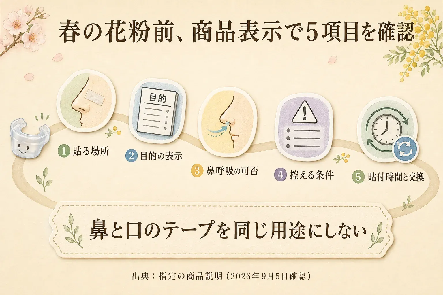 春の花粉前にテープの商品表示で確認する5項目をまとめた図。貼る場所、目的の表示、口閉じテープを使う前に鼻で呼吸できるか、使用を控える条件、貼付時間と交換方法を順に示し、鼻腔拡張テープと口閉じテープを混同しないことを案内している。出典：記事内で確認した商品説明。