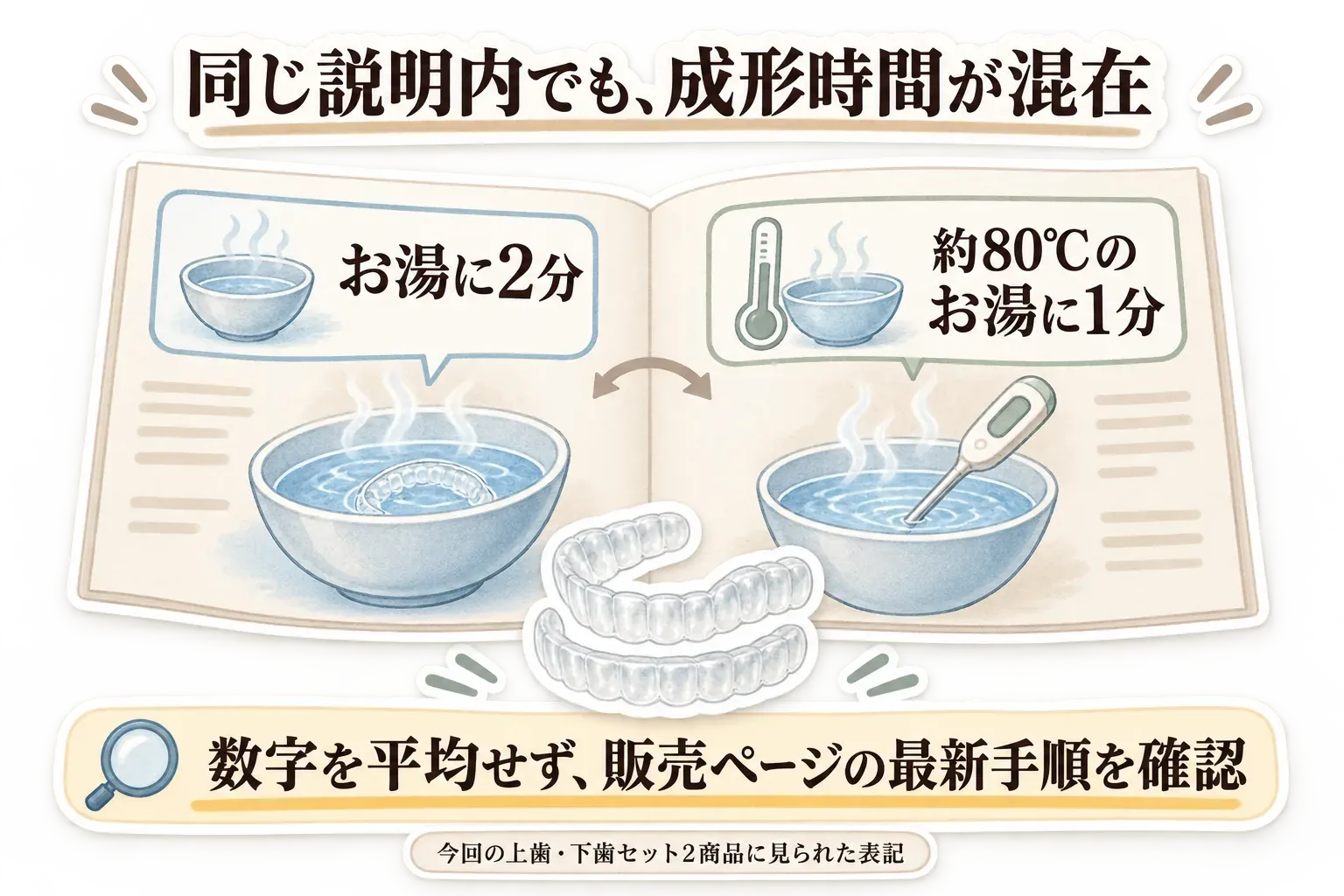 同じ説明内で成形時間が混在する図。左に「お湯に2分」、右に「約80℃のお湯に1分」と示し、今回の上歯・下歯セット2商品に見られた表記として、数字を平均せず販売ページの最新手順を確認するよう表している。
