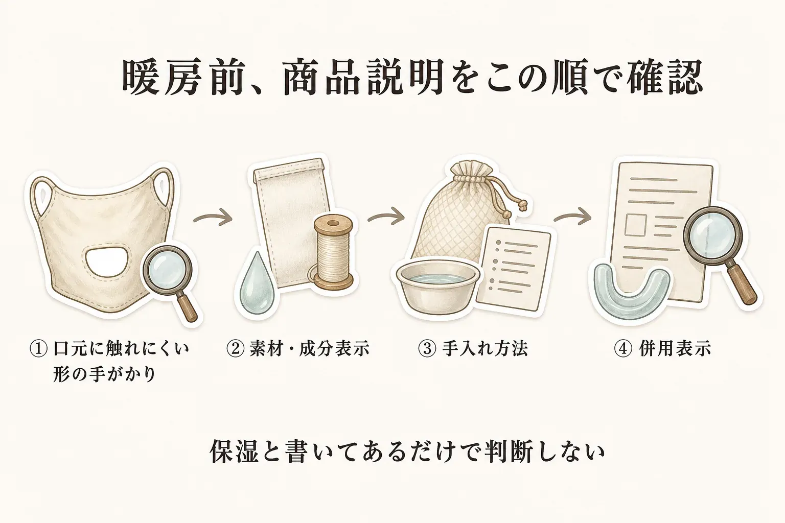 暖房前に保湿用品の商品説明を確認する順番を示す図。①口元に触れにくい形の手がかり、②素材・成分表示、③手入れ方法、④マウスピースとの併用表示の4項目と、「保湿」と書いてあるだけで判断しないという注意を表している。