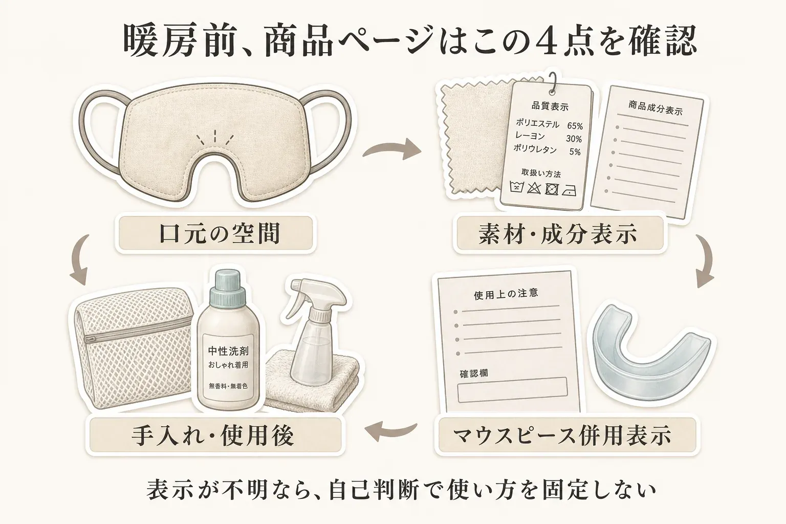 暖房前に保湿用品の商品ページで確認する4点を循環する順番で示す図。口元の空間、素材・成分表示、マウスピース併用表示、手入れ・使用後を確認し、表示が不明なときは自己判断で使い方を固定しないよう案内している。