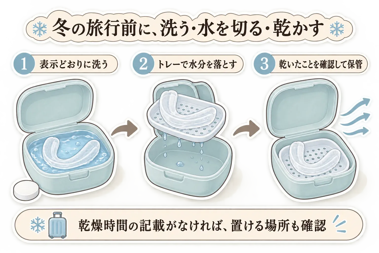 冬の旅行前のマウスピースケアの流れを示す図。表示どおりに洗い、水切りトレーで水分を落とし、乾いたことを確認して保管する3手順と、乾燥時間の記載がなければ置ける場所も確認する注意点を表している。